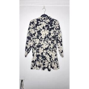 Zara Blouse Womens Small Black White Floral Print Mock Neck Peplum Long Sleeve